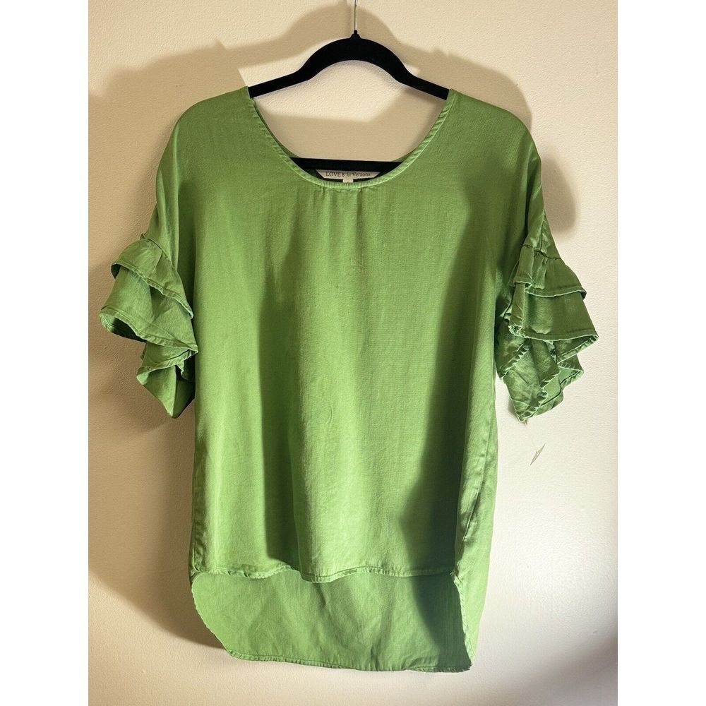 Love 8‎ for Versona Green Women's S Lyocell Scoop Neck Blouse Ruffles